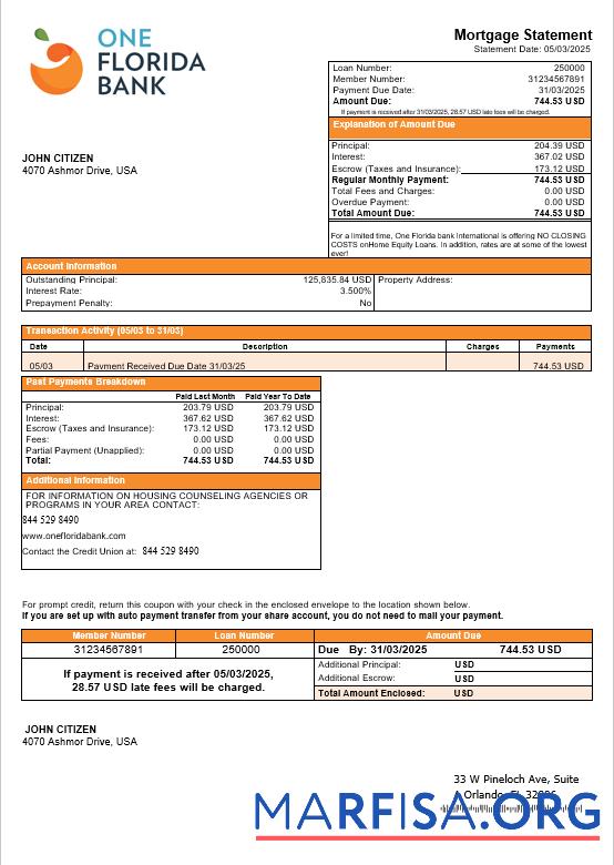 Downloadable USA One Florida bank mortgage statement in Word and PDF formats download for verification